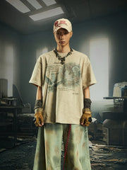 NOMANIAI Printed Crew-Neck Short-Sleeve Loose-Fit Breathable Cotton T-Shirt.