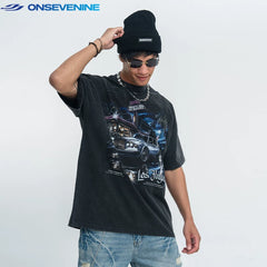 ONIVENINE White Ink Direct Spray Printed American Trendy Brand Washed Vintage Small Collar Short Sleeve T-shirt
