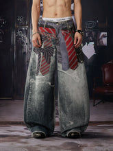 NOMANIAI 3D-printed color-block tie-detail layered wide-leg streetwear trousers.