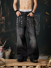 NOMANIAI Unisex Loose Straight-Leg Jeans with Rivets and Distressed Wash.