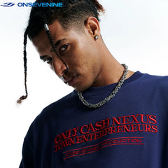 ONSEVENINE China-Chic 260g Small Neckline Heavy Weight Cotton Embroidery Letters Loose Short Sleeve T-shirts for Men and Women Summer