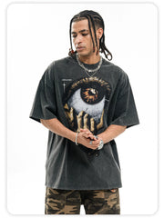 ONSEVENINE Street-style vintage-wash graphic short-sleeve tee with a small neckline.