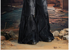 NOMANIAI Dark-style deconstructed double-layer loose-fit jeans.