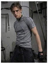 NOMANIAI 3D-cut textured stretch fitted short-sleeve top.