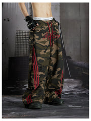 NOMANIAI Street-style embroidered camouflage casual pants with three-stripe detailing.
