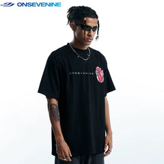 ONSEVENINE China-Chic Heavy Weight Cotton Small Neckline Boys' T-shirt Short Sleeve Women's Summer Loose Couple's Half Sleeve t