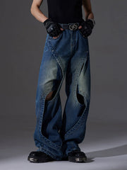 NOMANIAI Original design vintage-style cut-out loose straight-leg jeans.