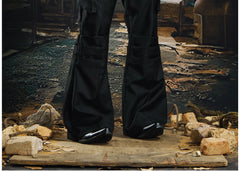 NOMANIAI Niche, sophisticated slightly flared trousers with a utility-style aesthetic.