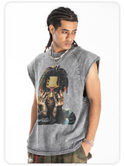 ONSEVENINE Sleeveless vest, loose fit, raw-edge, washed, distressed, vintage style.