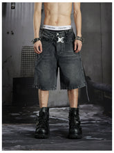 NOMANIAI Deconstructed double-waistband distressed loose-fit denim shorts.
