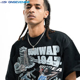 ONIVENINE American High Street Oversized Short sleeved Men's T-shirt Loose Small Collar 300g Heavy duty Cotton Women