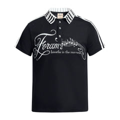 NOMANIAI Y2K Pure Cotton Polo Shirt with Piano Key and Musical Note Print and Collar.