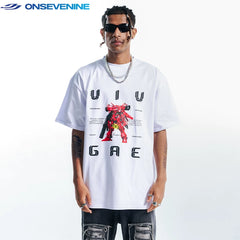 ONSEVENINE China-Chic Hip Hop Street Heavyweight Cotton Small Neckline Short Sleeve T-shirt Male Summer Couple American Retro