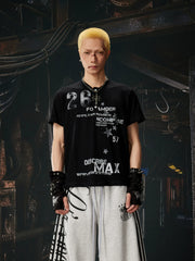 NOMANIAI Vintage-style distressed graphic short-sleeve T-shirt.