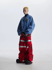 NOMANIAI Heavy-duty streetwear wide-leg denim trousers.