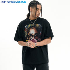 ONIVENINE American fashion brand short sleeved T-shirt for men and women in summer, direct spray printed loose cotton 300g small collar