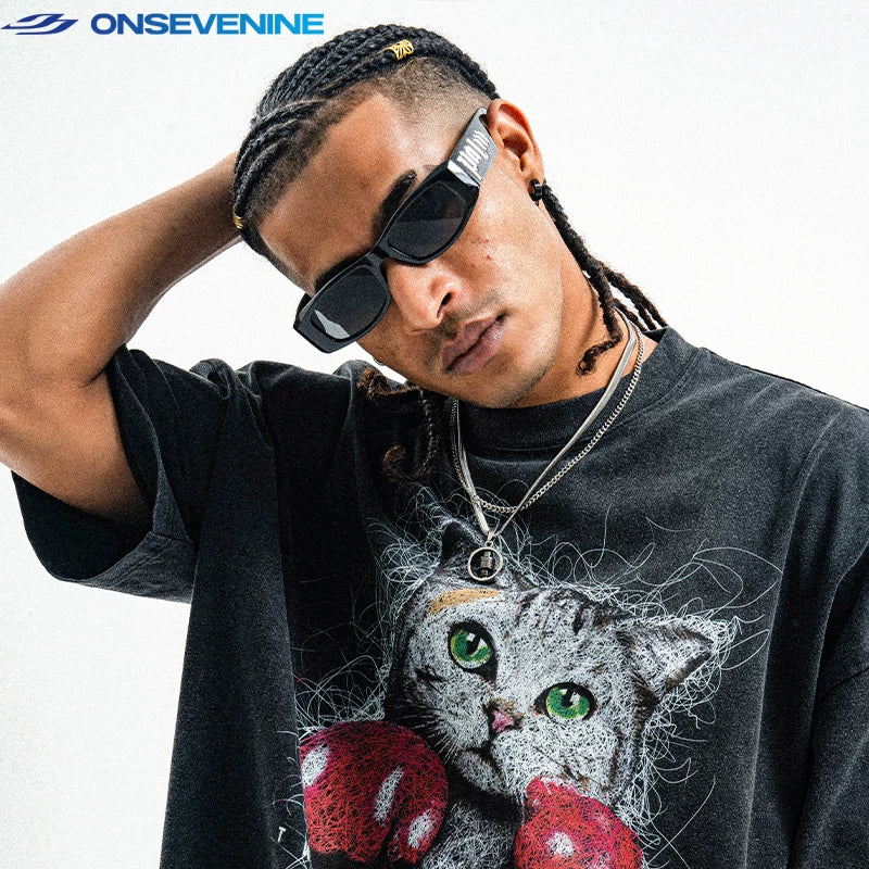 ONSEVENINE original national trend washing old retro street print short-sleeved T-shirt men and women summer ins trendy brands