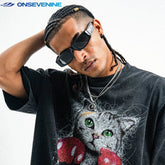ONSEVENINE original national trend washing old retro street print short-sleeved T-shirt men and women summer ins trendy brands