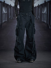 NOMANIAI Paneled Multi-Pocket Cargo Trousers.