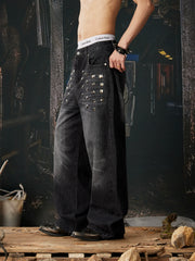 NOMANIAI Unisex Loose Straight-Leg Jeans with Rivets and Distressed Wash.