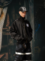 NOMANIAI Glossy-finish custom embroidered zip-up jacket.