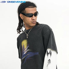 ONSEVENINE Trendy Brand Washed and Worn Long Sleeve T-shirt Retro Fake Two Piece Men's Spring and Autumn Shirt China-Chic
