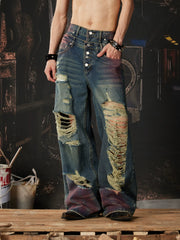 NOMANIAI Distressed jeans with a double-waistband design and cutouts.