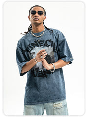 ONSEVENINE Streetwear-style vintage-wash short-sleeve T-shirt with a distressed look.