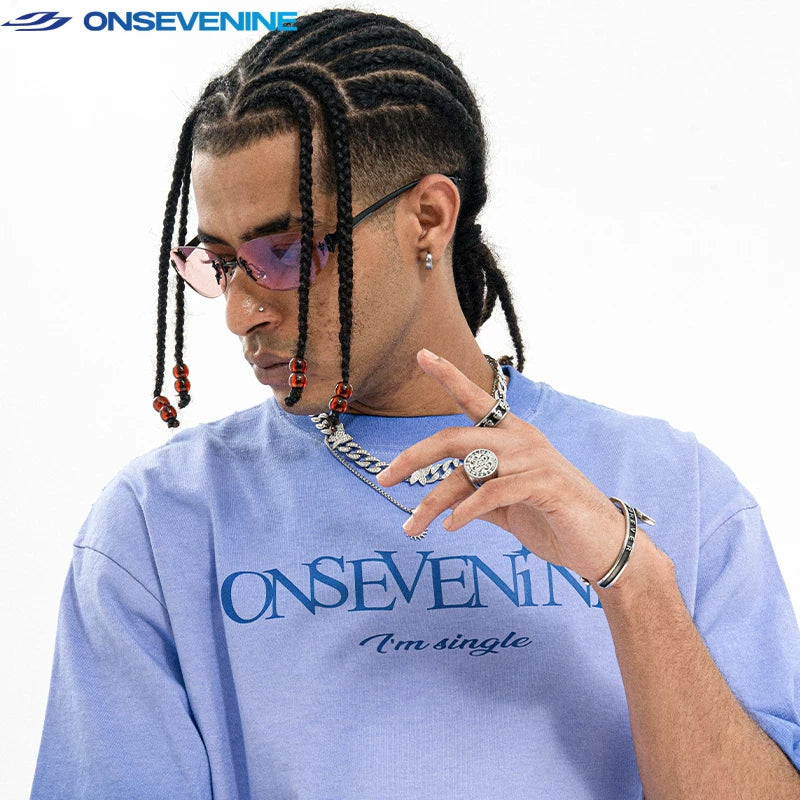 ONSEVENINE美式水洗复古做旧渐变破洞毛边280克小领口短袖T恤男夏