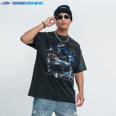 ONIVENINE White Ink Direct Spray Printed American Trendy Brand Washed Vintage Small Collar Short Sleeve T-shirt