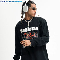 ONIVENINE American street heavyweight pure cotton small collar loose long sleeved T-shirt men's and women's spring and autumn top base