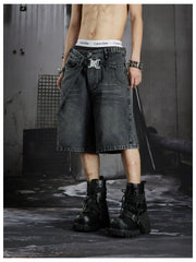 NOMANIAI Deconstructed double-waistband distressed loose-fit denim shorts.
