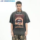 ONSEVENINE American Water Wash Vintage Worn Heavy Weight Cotton Small Neckline Short Sleeve T-shirt Men's Summer Hip Hop China-Chic