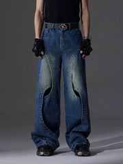 NOMANIAI Original design vintage-style cut-out loose straight-leg jeans.