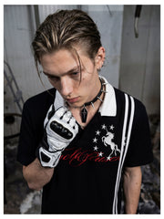 NOMANIAI Star and Warhorse Embroidery Jersey Polo Shirt – Sporty Streetwear Style.