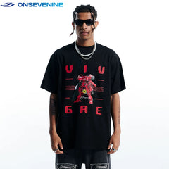 ONSEVENINE China-Chic Hip Hop Street Heavyweight Cotton Small Neckline Short Sleeve T-shirt Male Summer Couple American Retro