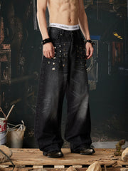 NOMANIAI Unisex Loose Straight-Leg Jeans with Rivets and Distressed Wash.