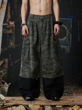 NOMANIAI Convertible-Cuff Loose Straight-Leg Camo/Denim Streetwear Pants.
