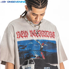 ONSEVENINE American street wash retro gradient 300g small neckline short sleeve T-shirt men's summer loose China-Chic