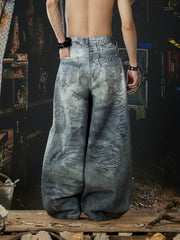 NOMANIAI Unisex Loose-Fit Denim Jeans with 3D-Printed Street Graffiti.