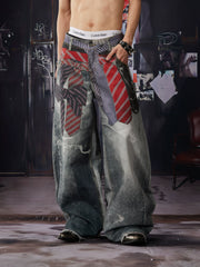 NOMANIAI 3D-printed color-block tie-detail layered wide-leg streetwear trousers.