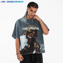 ONIVENINE 300g full printed short sleeved heavy-duty pure cotton loose casual short sleeved T-shirt with small neckline and summer shoulder drop