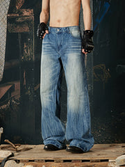 NOMANIAI Distressed American Streetwear Lightning-Wash Vintage Indigo Loose-Fit Jeans.