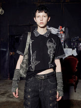 NOMANIAI Oversized Leopard-Print Polo Shirt with Punk Guitar Graphic.