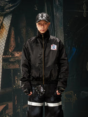 NOMANIAI Glossy-finish custom embroidered zip-up jacket.