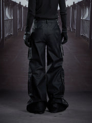 NOMANIAI Multi-pocket, layered-style straight-leg leather trousers (floor-length).
