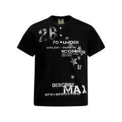 NOMANIAI Vintage-style distressed graphic short-sleeve T-shirt.