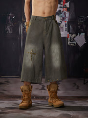NOMANIAI Vintage-style, distressed, loose-fit cropped jeans in an antique bronze wash.