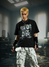 NOMANIAI Retro-print loose-fit casual streetwear T-shirt.