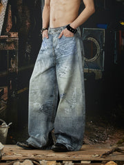 NOMANIAI Unisex Loose-Fit Denim Jeans with 3D-Printed Street Graffiti.